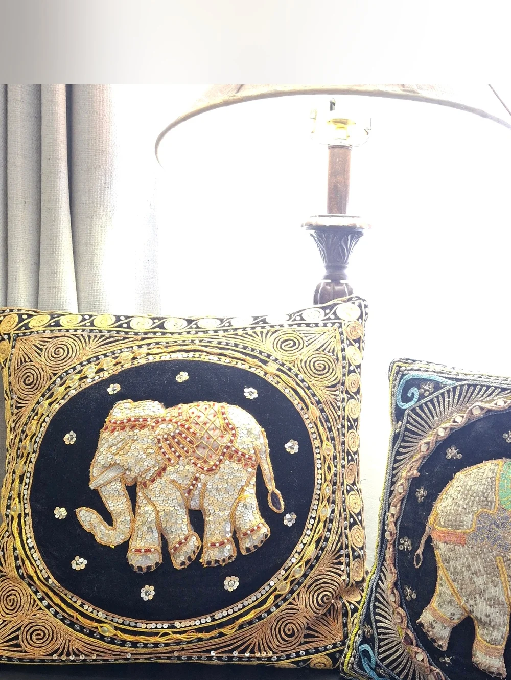 Vintage Boho Kalaga Burmese Elephant Embroidered Sequin Throw Accent Pillows x 2